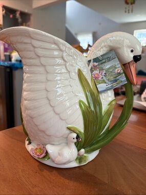 White Swan and Lotus Ceramic Pitcher with Green Leaf Handle by Corner Ruby